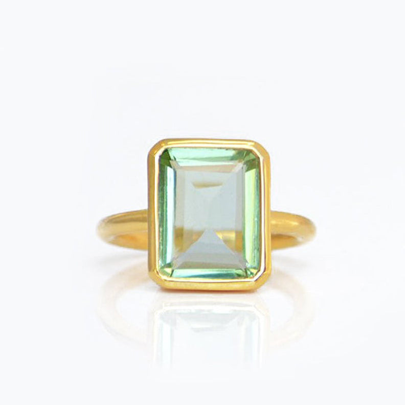 Green Amethyst rectangle bezel set ring: February Birthstone