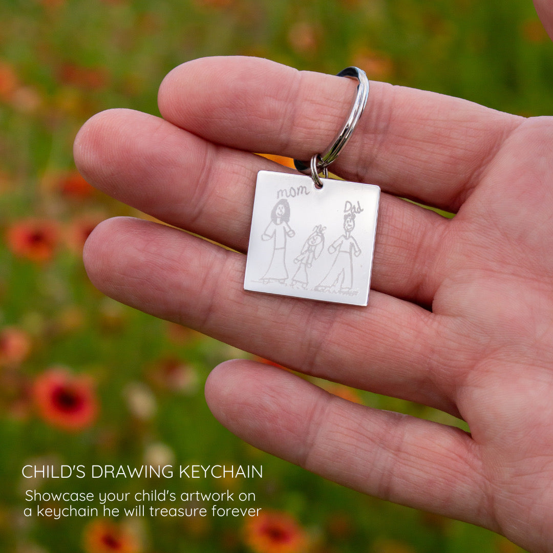 Showcase your child's artwork on a keychain they will treasure forever. Great Mother's Day Gift, Father's Day Gift or any holiday.