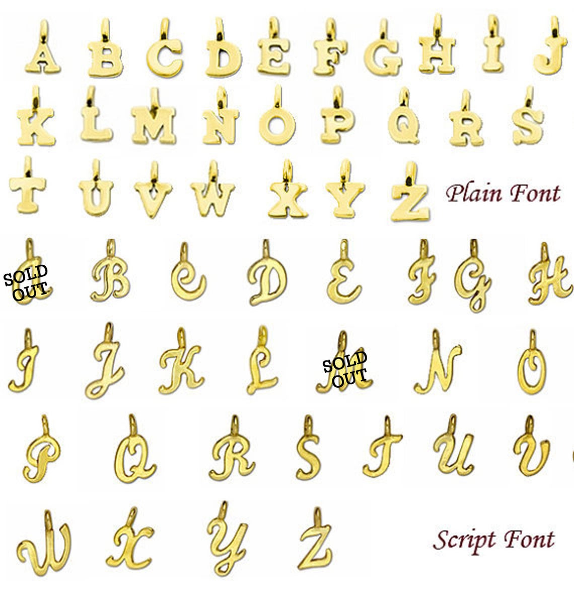 Initial letter charm style chart with plain and script fonts for personalized jewelry, gold alphabet initials for birthstone bracelets, custom bridesmaid or bridal party monogram gift options.