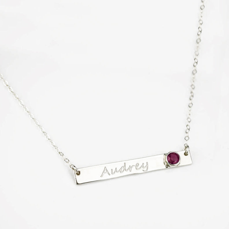 July Custom Bar Necklace with Bezel Birthstone