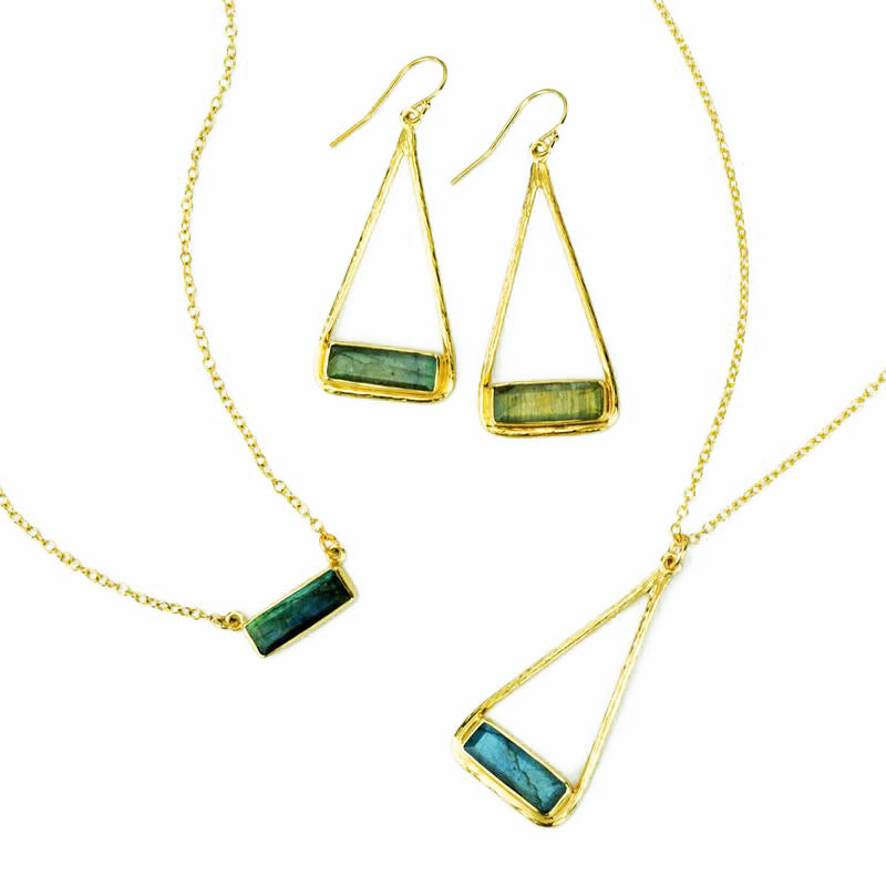 Adira Series | Labradorite Triangle Bar Dangle Earrings, Sterling Silver or Gold Fill, Boho Chic Frame Earrings for Women, Custom Made Birthstone