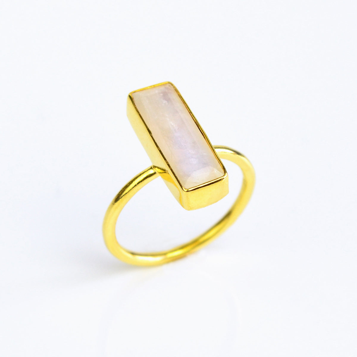 Natural Moonstone ring, June birthstone jewelry, shimmering Moonstone bar ring, unique gemstone jewelry, Moonstone with feldspar layers, minimalist vertical design, Adira Series ring, bezel-set Moonstone, elegant June birthstone ring, fashion-forward Moonstone
