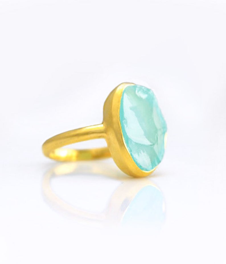 Rough Cut Aqua Chalcedony Ring
