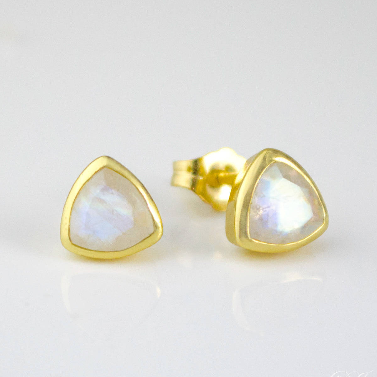 Minimalist Rainbow Moonstone Triangle Studs • June Birthstone