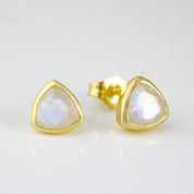 Minimalist Rainbow Moonstone Triangle Studs • June Birthstone