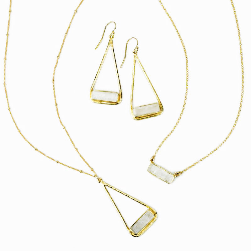 Moonstone Adira Bar Triangle Pendant Necklace, Sterling Silver or Gold Vermeil, Modern Boho Chic Frame Pendant Necklace for Women, June Birthstone