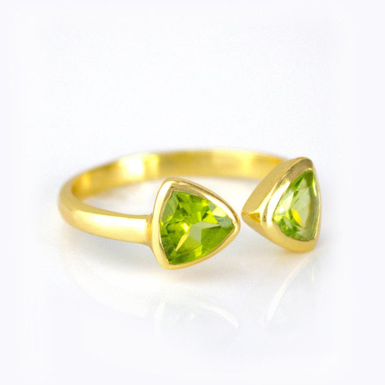 Peridot triangle ring, adjustable Peridot ring, double triangle Peridot, personalized Peridot jewelry, sterling silver Peridot ring, gold Peridot ring, rose gold Peridot ring, unique Peridot gemstone, Peridot birthstone ring, custom triangle-cut Peridot, bespoke Peridot jewelry, chic Peridot accessory, elegant green gemstone ring, Peridot stacking ring, custom gemstone jewelry, trendy triangle ring, adjustable Peridot band, unique birthstone jewelry, Peridot gift idea, vibrant Peridot ring