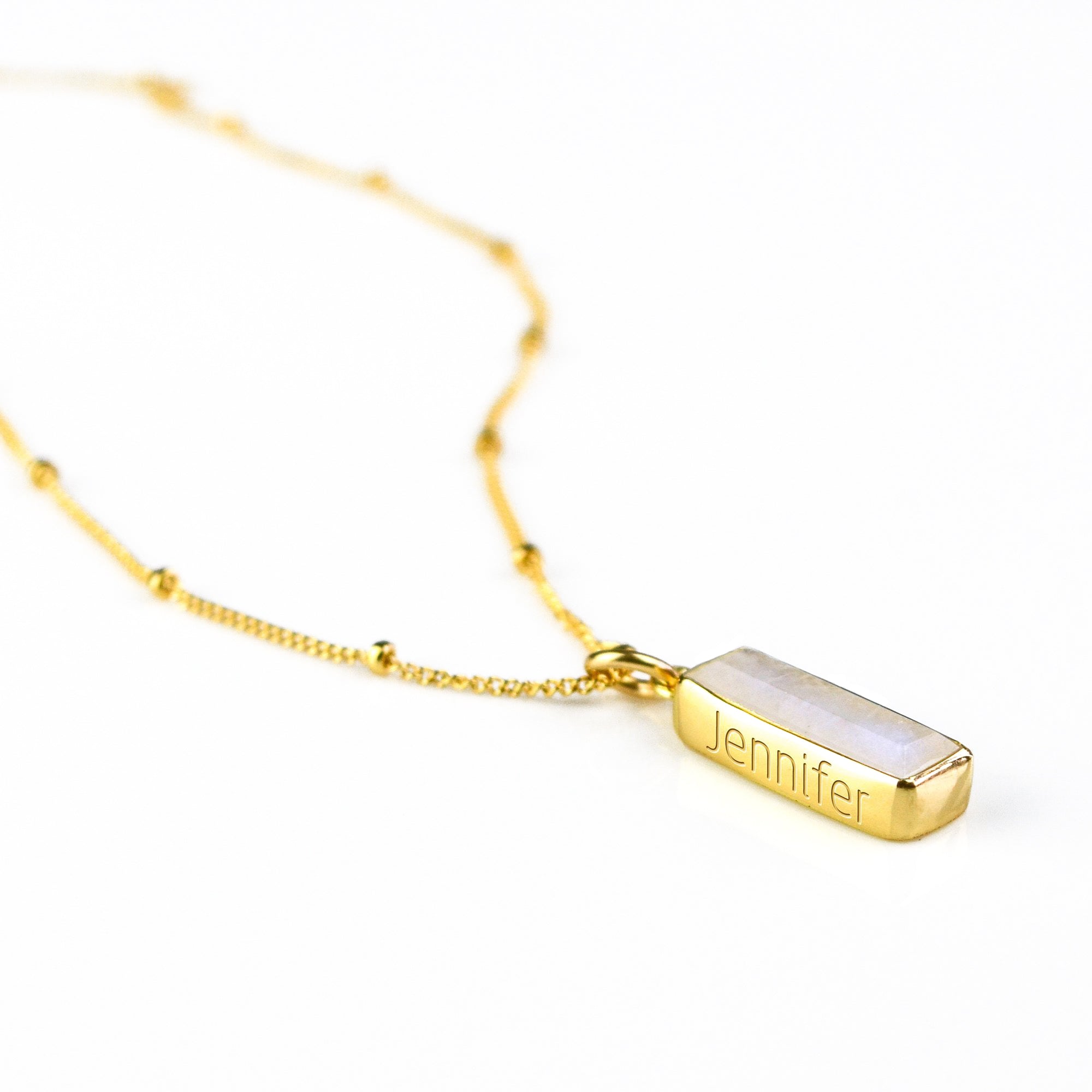 Gold filled satellite chain with vertical june moonstone birthstone and engraved secret message on the side. 