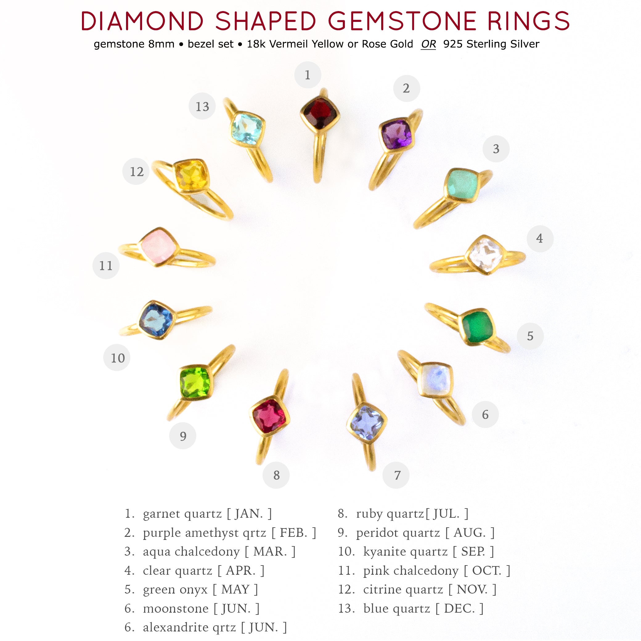 Diamond Shape Ruby Quartz Stacking Ring | July Birthstone, Custom diamond birthstone ring mom, Sterling Silver, 18k Gold Vermeil Gemstone Ring