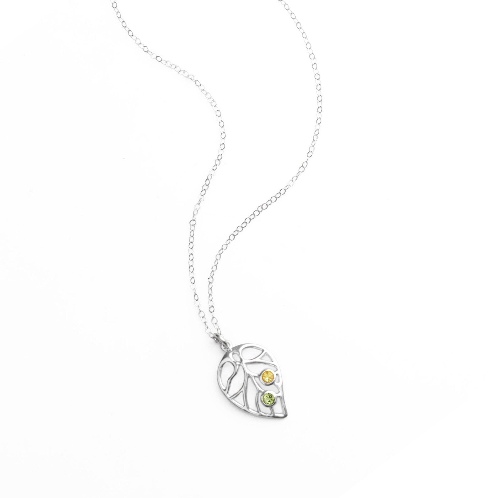 Custom Leaf Pendant Birthstone Necklace, Sterling Silver, Rose Gold, Gold Vermeil Necklace for Mom, Nature Inspired Plant Necklace with Gemstones