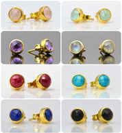 Pink Chalcedony Small Round Bezel Set Stud Earrings - October Birthstone Earrings