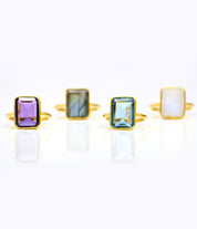 Green Amethyst rectangle bezel set ring: February Birthstone