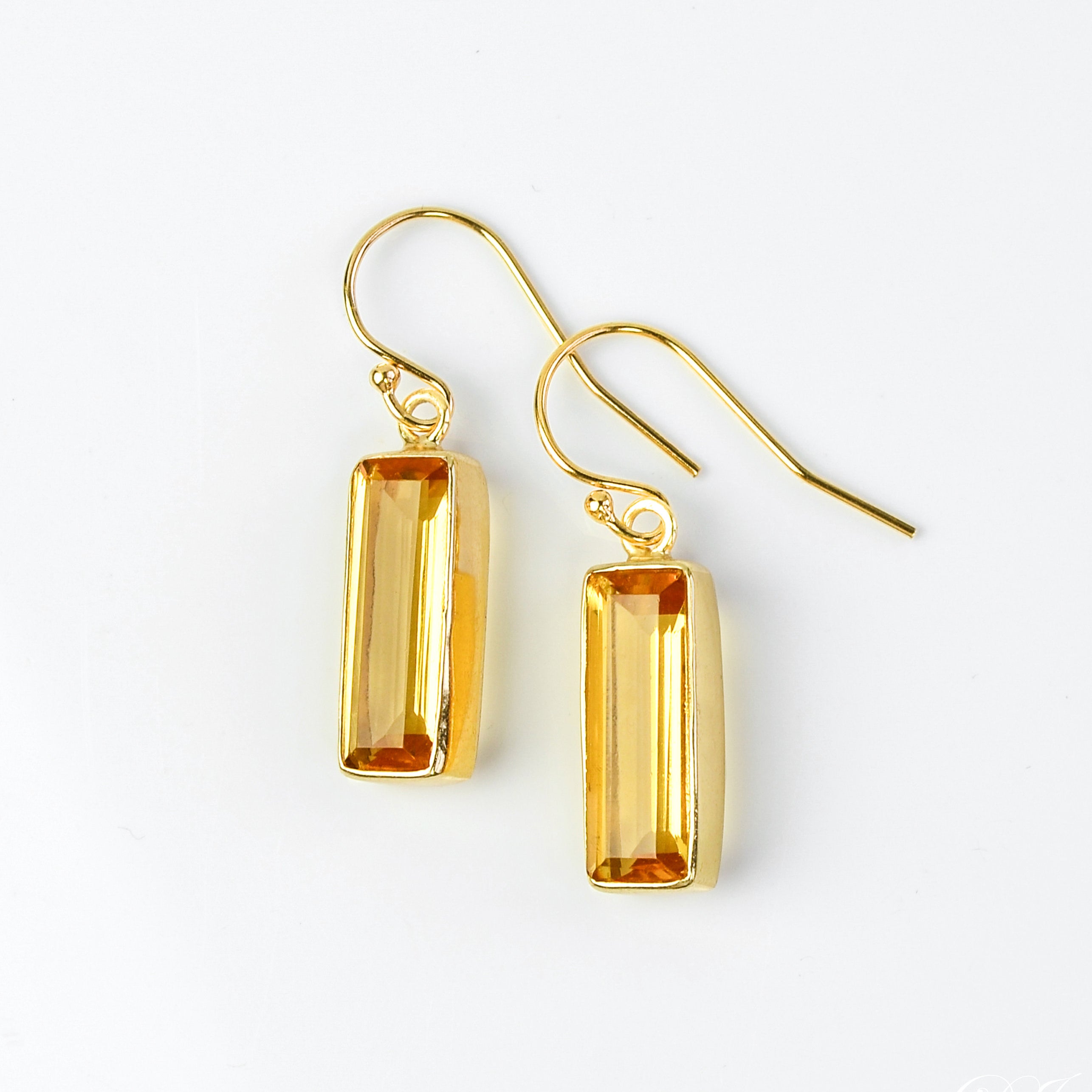 Gold filled November birthstone vertical adria series citrine gemstone bar dangle earrings on white background