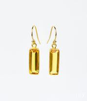 Gold filled November birthstone vertical adria series citrine gemstone bar dangle earrings on white background with hook earwire