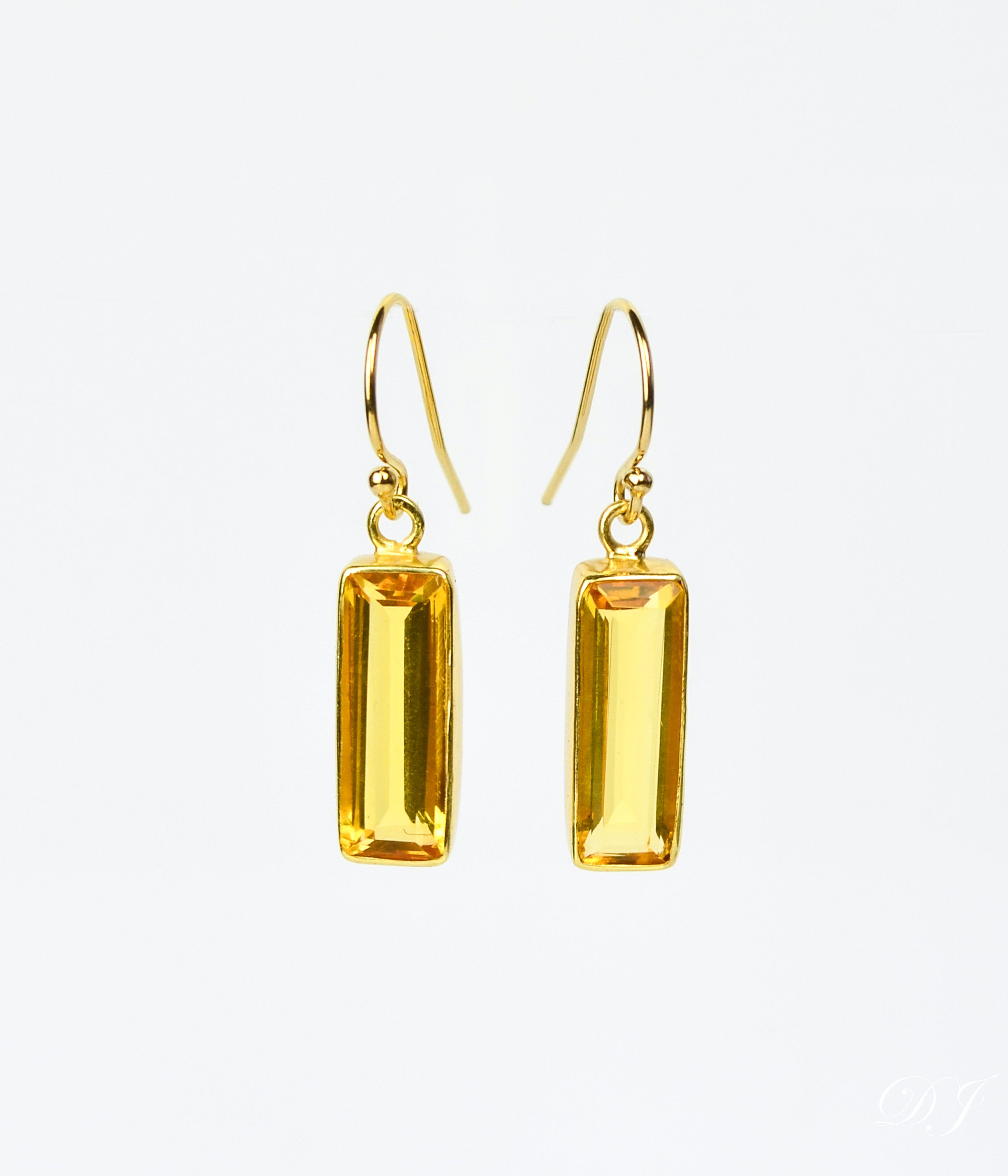Gold filled November birthstone vertical adria series citrine gemstone bar dangle earrings on white background with hook earwire