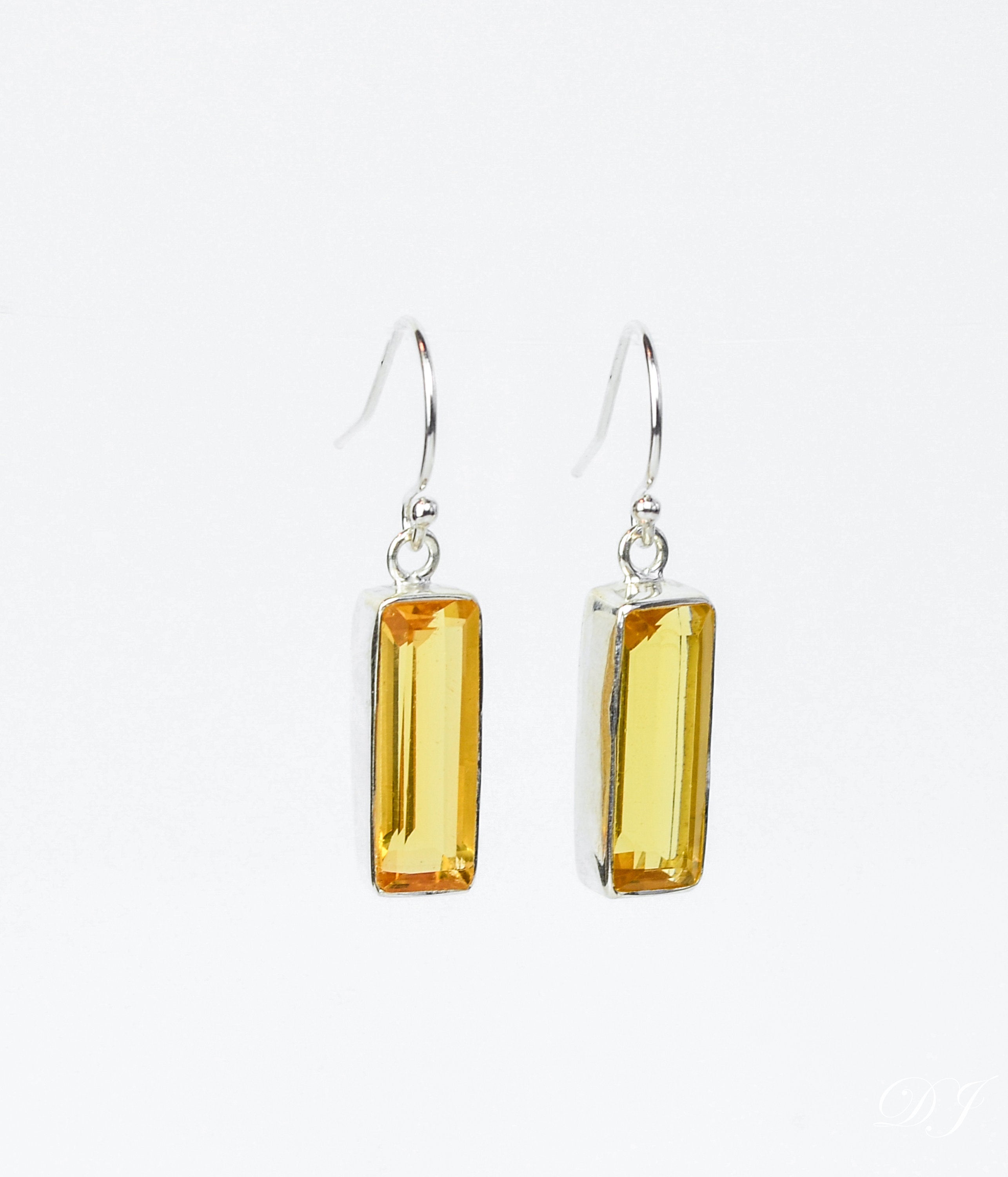 Stamped 925 sterling silver  November birthstone vertical adria series citrine gemstone bar dangle earrings on white background