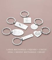 We have a variety of zinc alloy keychains available including large rectangle, square, circle, oval, skinny rectangle and heart. Engrave a child's drawing, handprint, fingerprint or monogram.