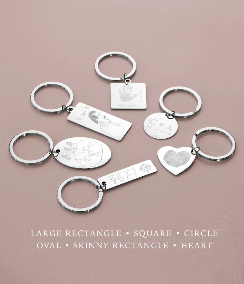 We have a variety of zinc alloy keychains available including large rectangle, square, circle, oval, skinny rectangle and heart. Engrave a child's drawing, handprint, fingerprint or monogram.
