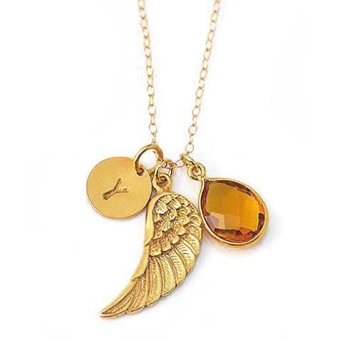 Angel Wing Birthstone Necklace Personalized Memorial Jewelry