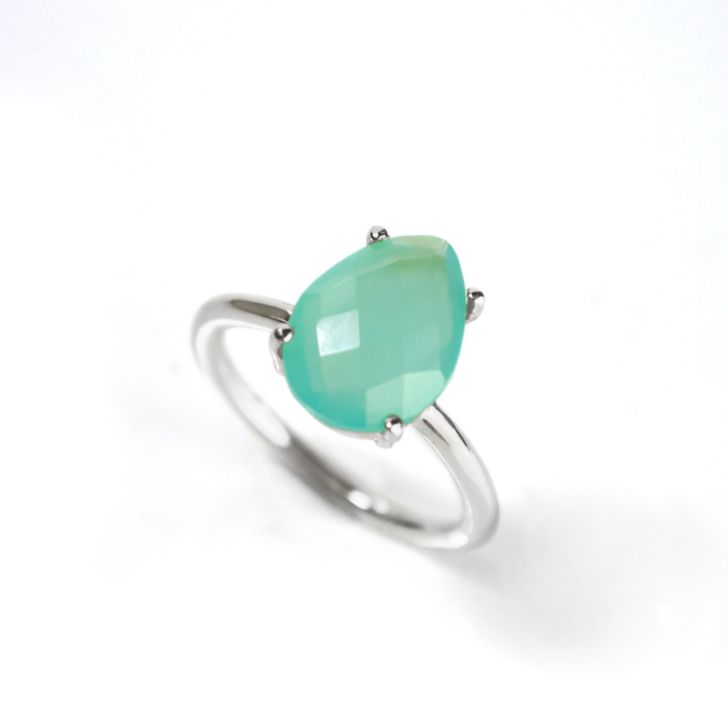 Aqua Chalcedony Teardrop Prong Set Ring • March Birthstone