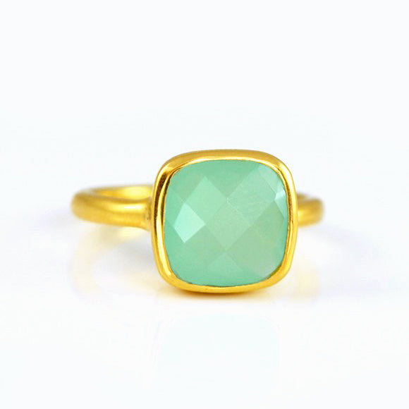 Aqua chalcedony gold plated cushion bezel square stacking ring on white background. march birthday, march gemstone square gemstone