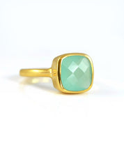 Aqua chalcedony gold plated cushion bezel square stacking ring on white background. march birthday, march gemstone square gemstone stacking stackable