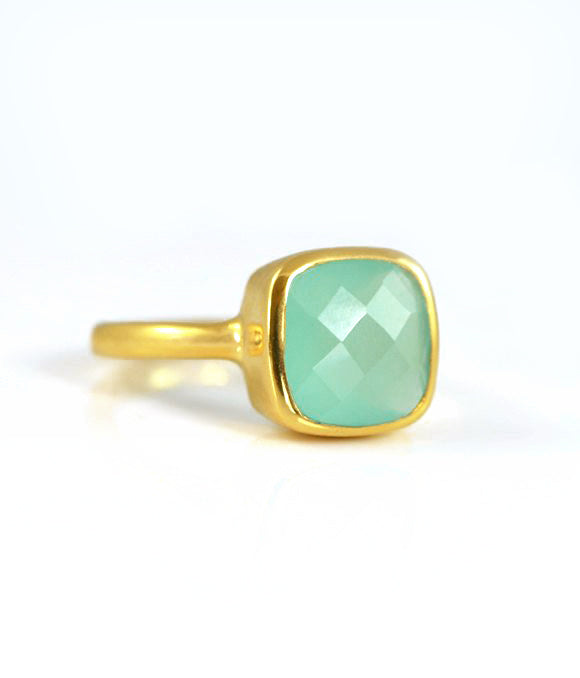 Aqua chalcedony gold plated cushion bezel square stacking ring on white background. march birthday, march gemstone square gemstone stacking stackable