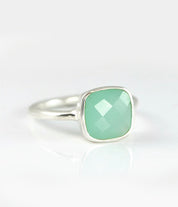 Aqua chalcedony sterling silver cushion bezel square stacking ring on white background. march birthday, march gemstone square gemstone