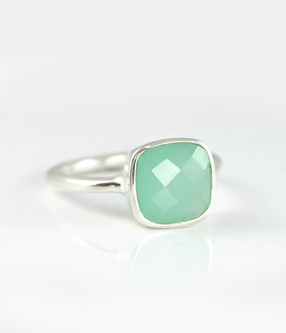 Aqua chalcedony sterling silver cushion bezel square stacking ring on white background. march birthday, march gemstone square gemstone