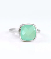 Sterling Silver Aqua chalcedony cushion bezel square stacking ring on white background. march birthday, march gemstone square gemstone