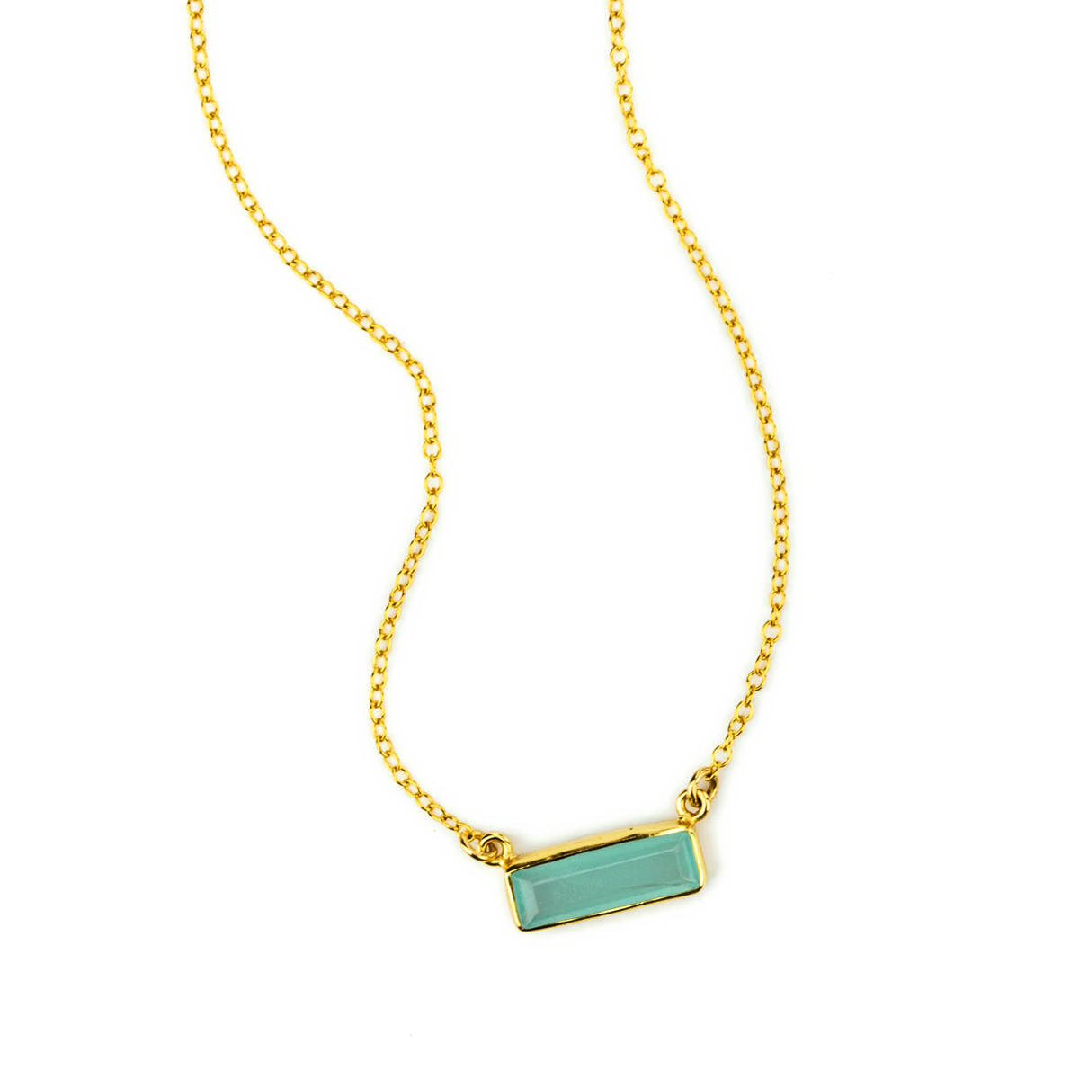 Single gold filled horizontal aqua chalcedony birthstone for march adira bar necklace