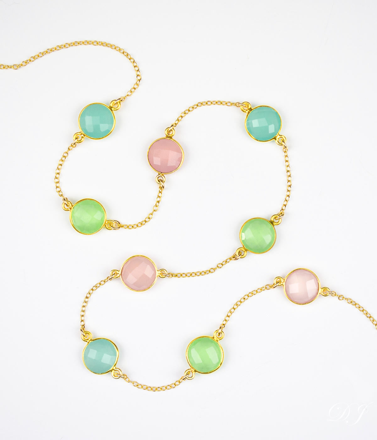 Long Aqua Chalcedony, Green Chalcedony and Pink Chalcedony bezel station necklace