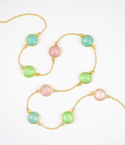 Long Aqua Chalcedony, Green Chalcedony and Pink Chalcedony bezel station necklace