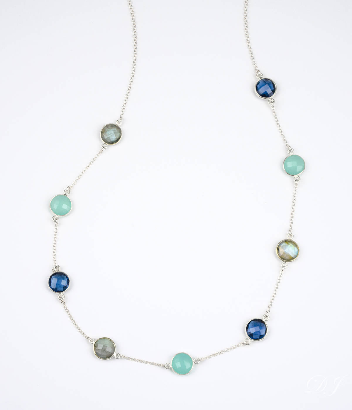 Long Aqua Chalcedony, Labradorite, Kyanite bezel station necklace