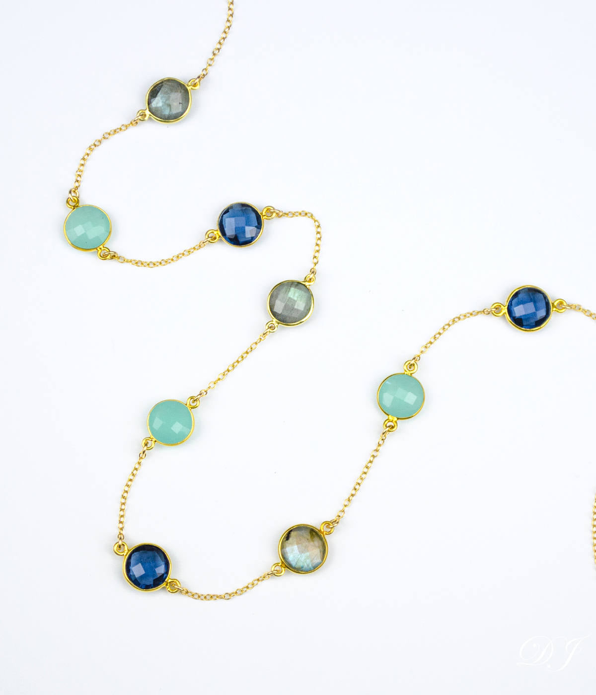 Long Aqua Chalcedony, Labradorite, Kyanite bezel station necklace