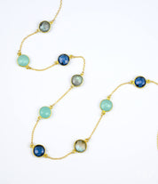 Long Aqua Chalcedony, Labradorite, Kyanite bezel station necklace