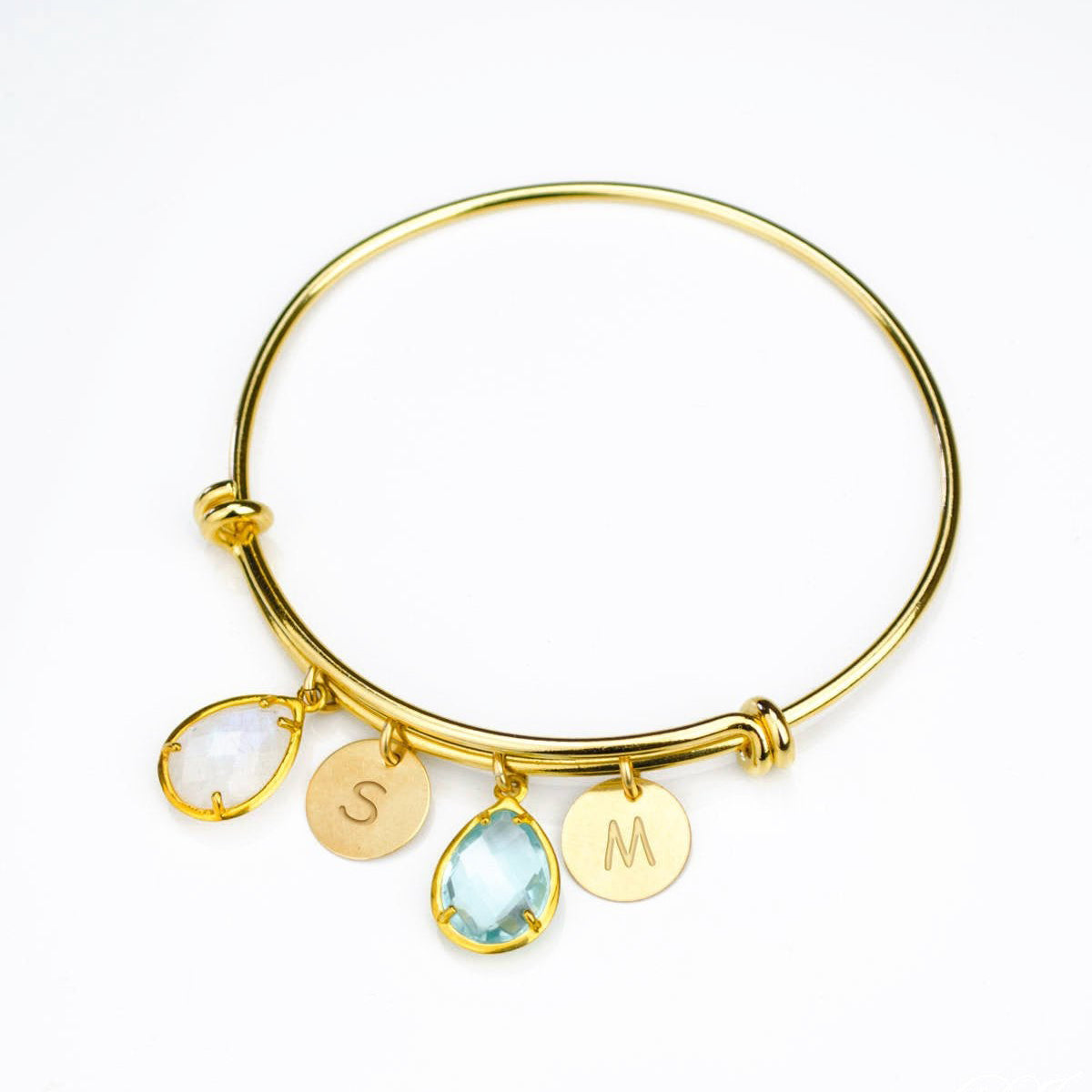 Gold Initial Leaf, Heart Charms Bangle Bracelet - Cuff Bracelet- Charm -  Nadin Art Design - Personalized Jewelry