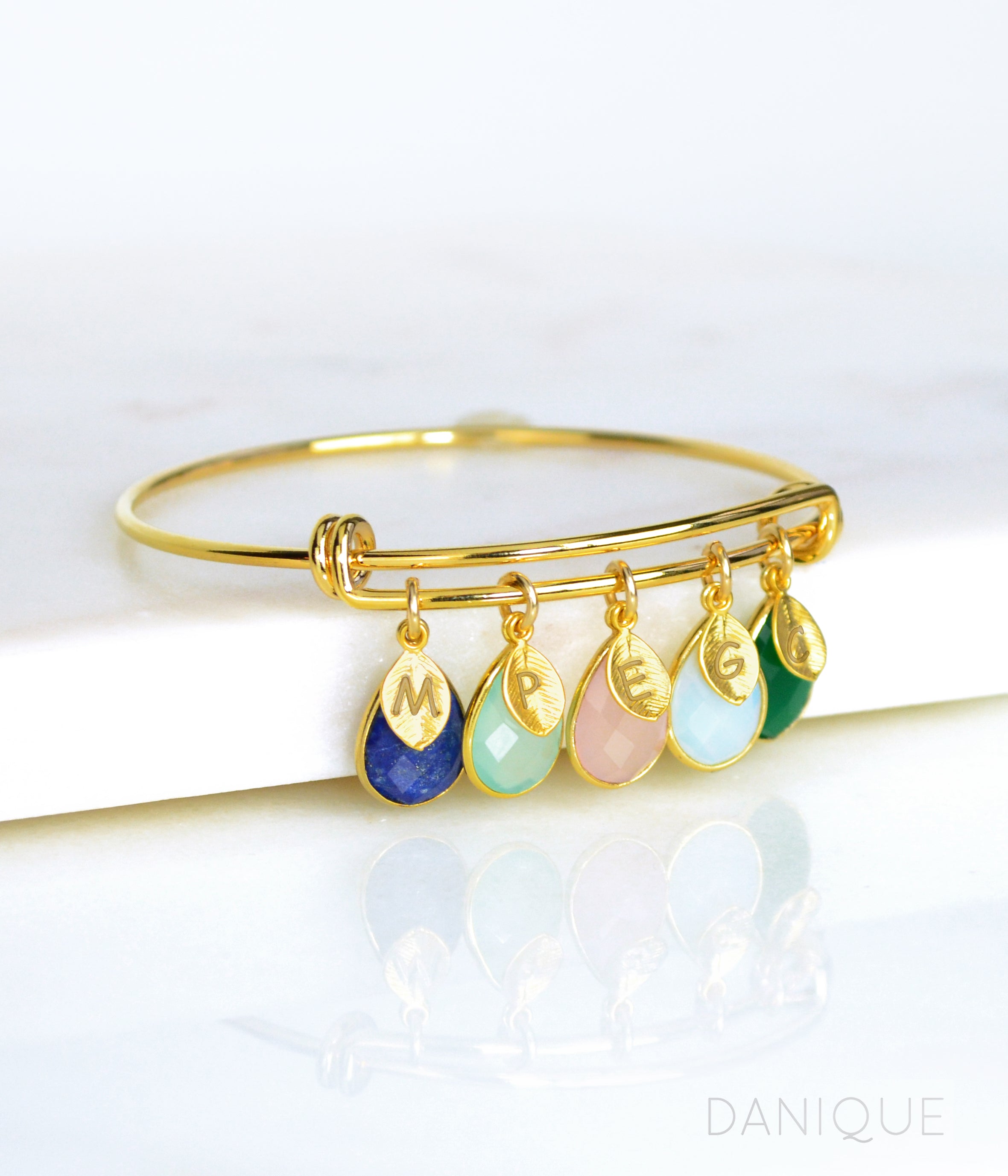Mother's Charm Bracelet with Teardrop Birthstones and initials Gold