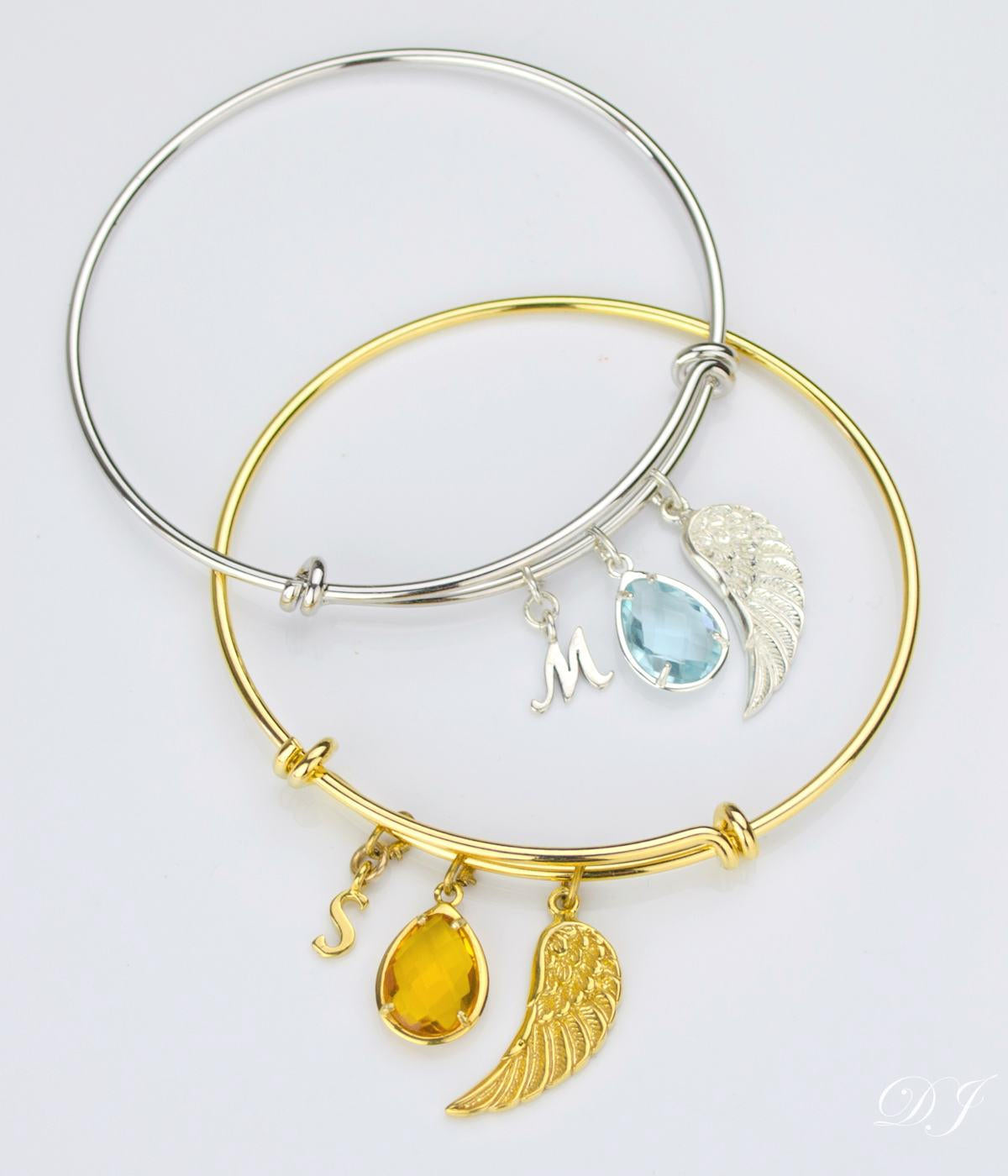 Personalized Birthstone Charm Adjustable Gold or Silver Bangle
