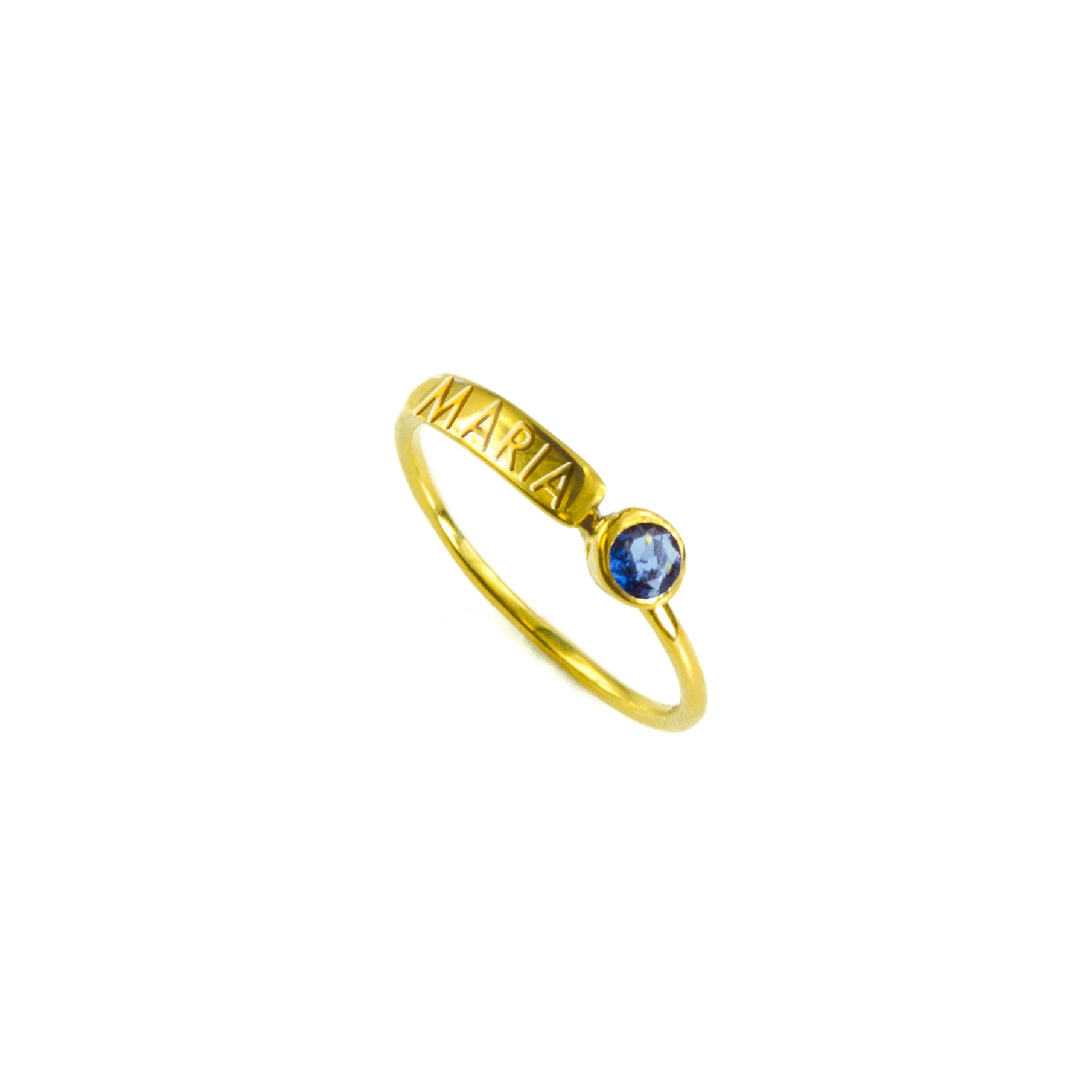 gold plated name bar rings iolite birthstone on white background. engraved name ring, birthstone jewelry, birthstone rings, september birthstone