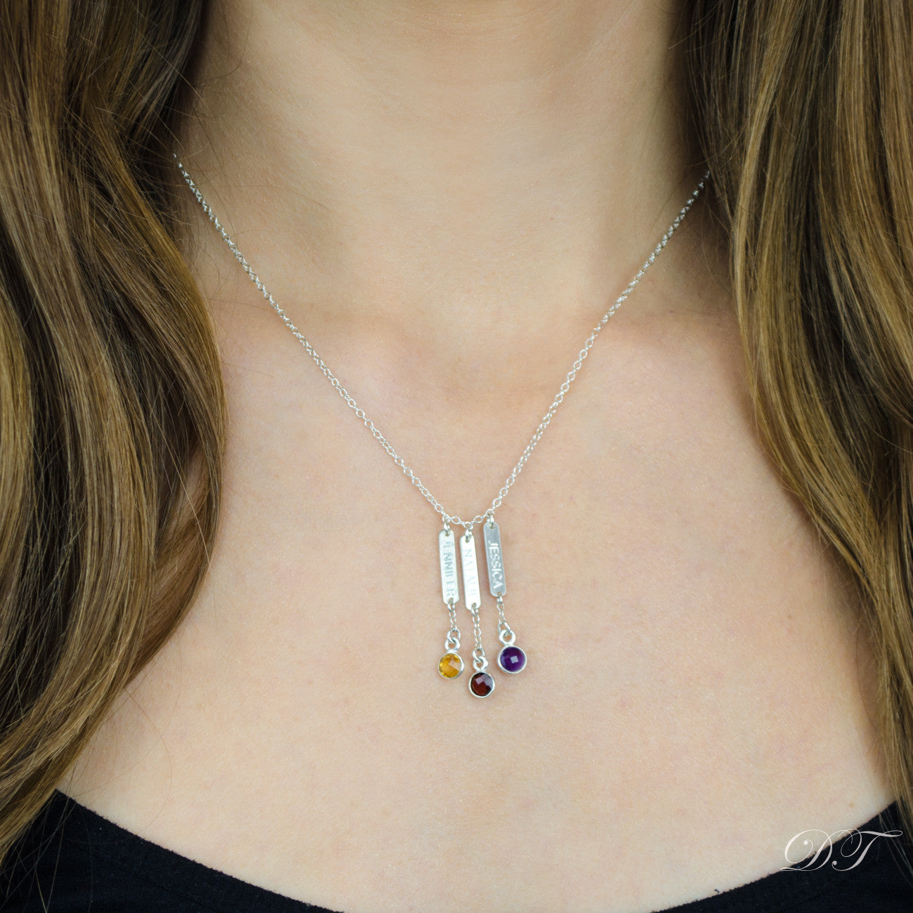 Mother's Bar Necklace with Kid's Names and Birthstone Charms