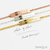 Bar bracelets come in rose gold filled, sterling silver or gold filled. Each bracelet displayed has custom handwriting engraved from a photo. 