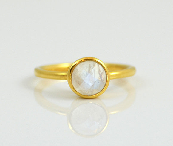 Moonstone Round Bezel Set Faceted Ring - June Birthstone