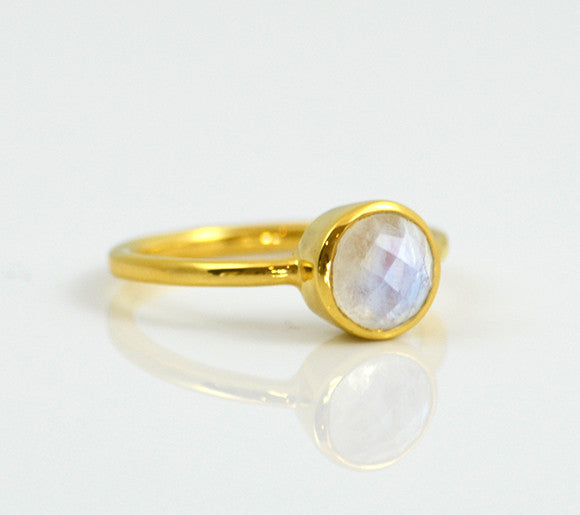 Moonstone Round Bezel Set Faceted Ring - June Birthstone
