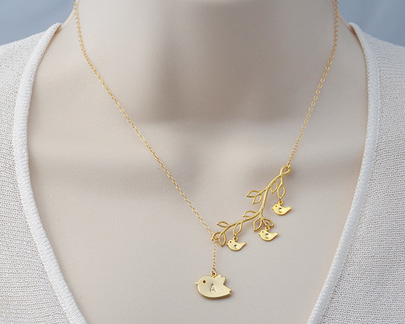 Personalized Mother & baby bird charms necklace