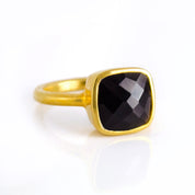 Gold plated black onyx ring, birthstone jewelry, black gemstone ring, square cushion faceted black onyx, Bezel set ring, Sterling silver ring, black onyx gift, birthday gift, ring for her, birthstone ring, birthstone 