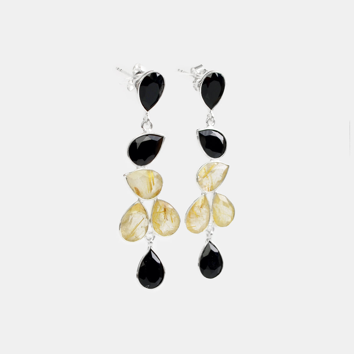 Elegant Black Onyx and Gold Rutilated Statement Earrings