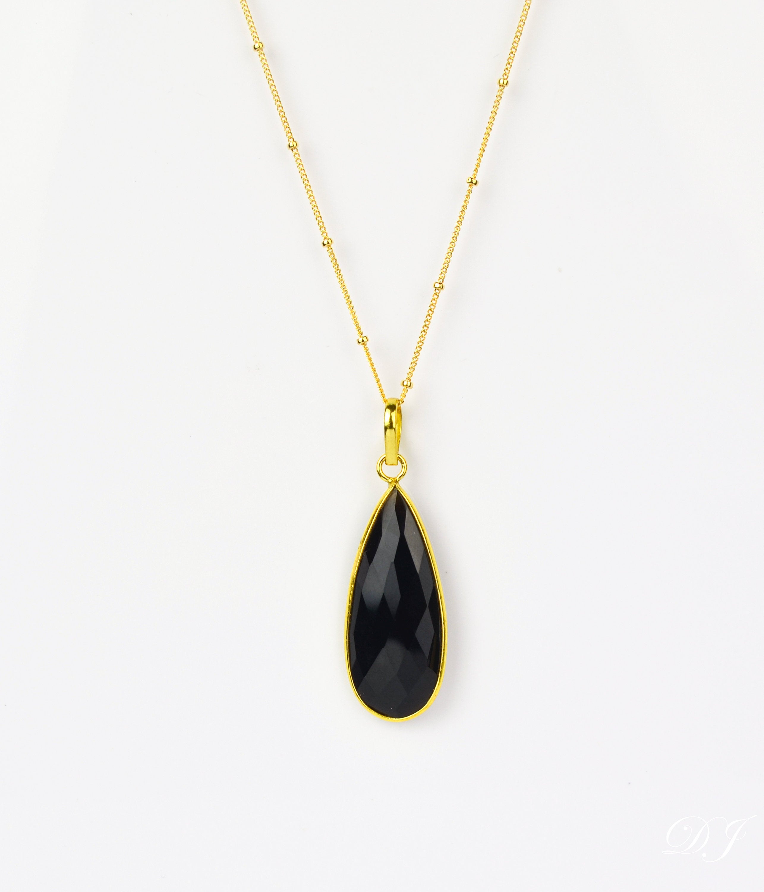Black Onyx Elongated Teardrop Pendant Necklace