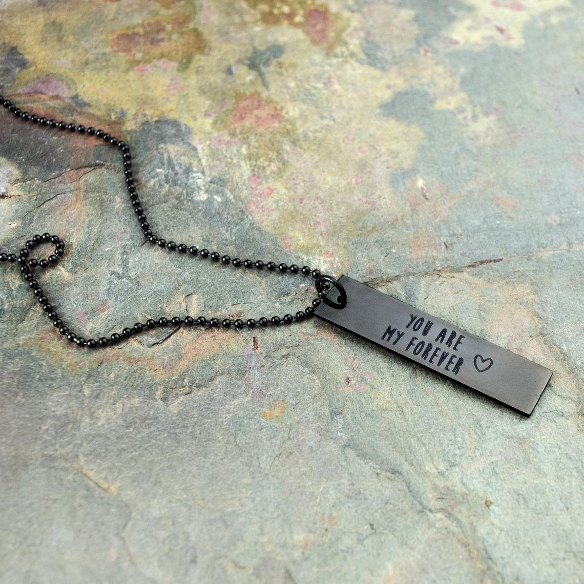 Personalized Dog Tag Necklace with Custom Handwriting - Black dog tag necklace with phrase and heart engraved. Custom Mens Jewelry, Traditional Military Style Pendant, Wedding Anniversary Gift, Custom Engraved Jewelry