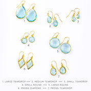 Shapes and sizes include Small, medium and large teardrop gemstones and large and medium round gemstones. December birthstone on white background Blue topaz birthstone